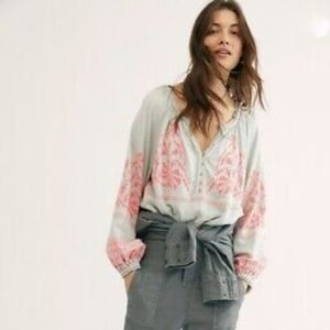 Free People Top Peasant Embroidered Oversize Navy Purple Pullover Sz LG